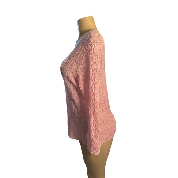 Women L Lauren Ralph Lauren 100% Linen Cable Knit Pink V-Neck Pullover Sweater - Picture 3 of 6